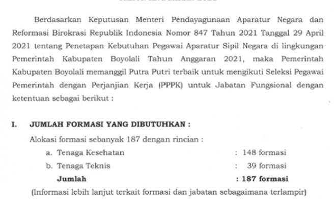 PENGUMUMAN PENGADAAN CPNS KABUPATEN BOYOLALI TAHUN 2021